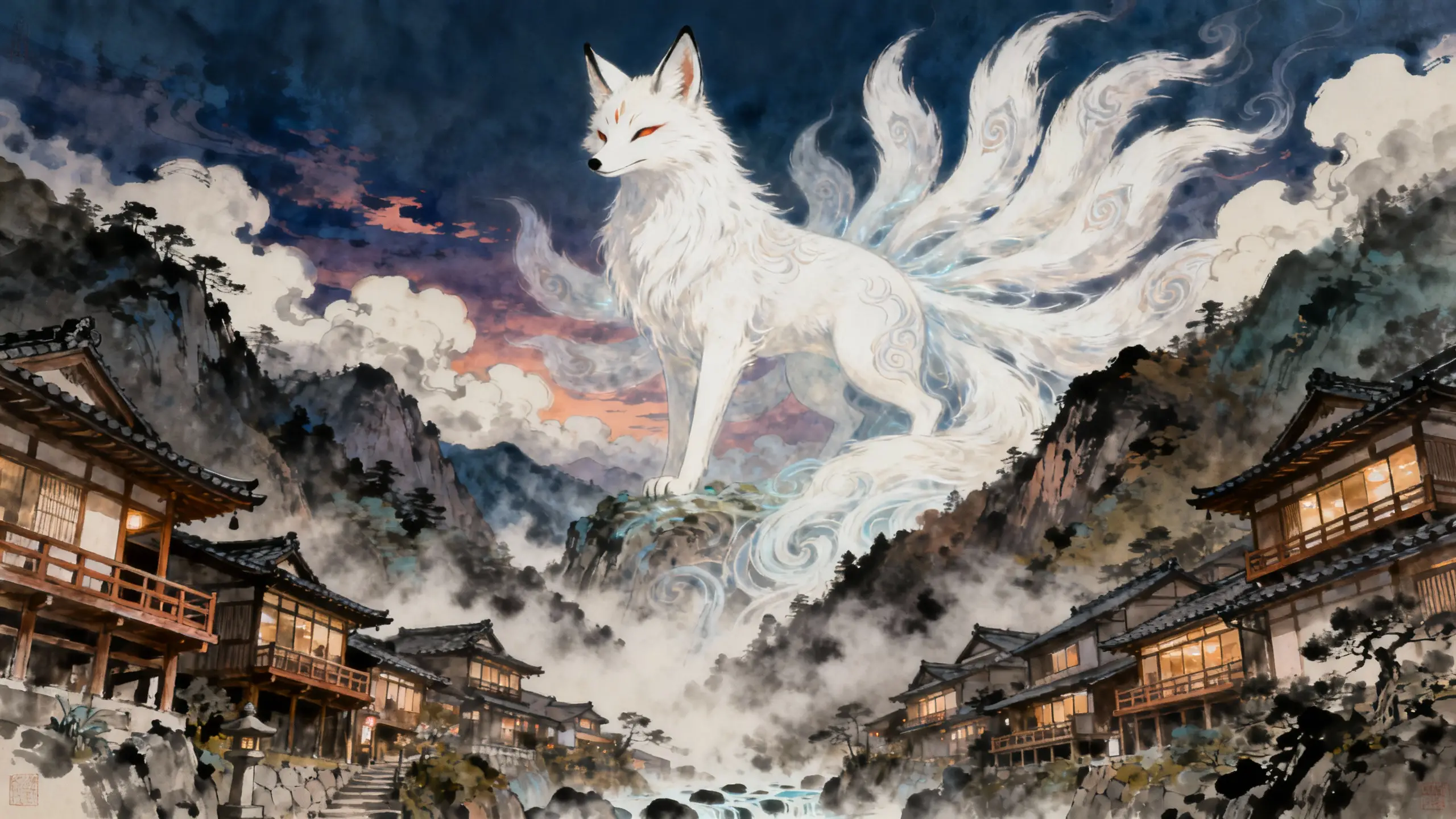 Divine white fox spirit above ancient mountain village
