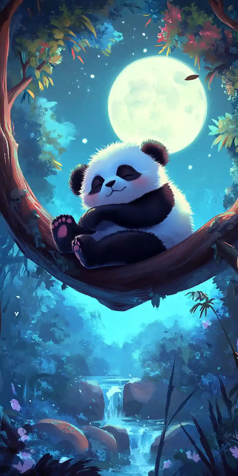 Niedliches Baby-Panda schläft auf einem mondbeschienenen Waldbaum
