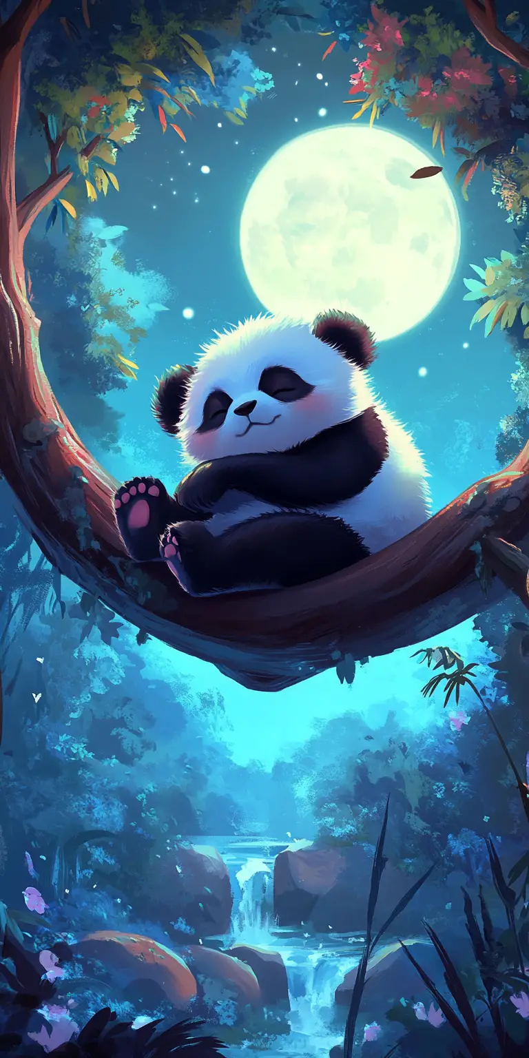 Cute Baby Panda Sleeping On A Moonlit Forest Tree