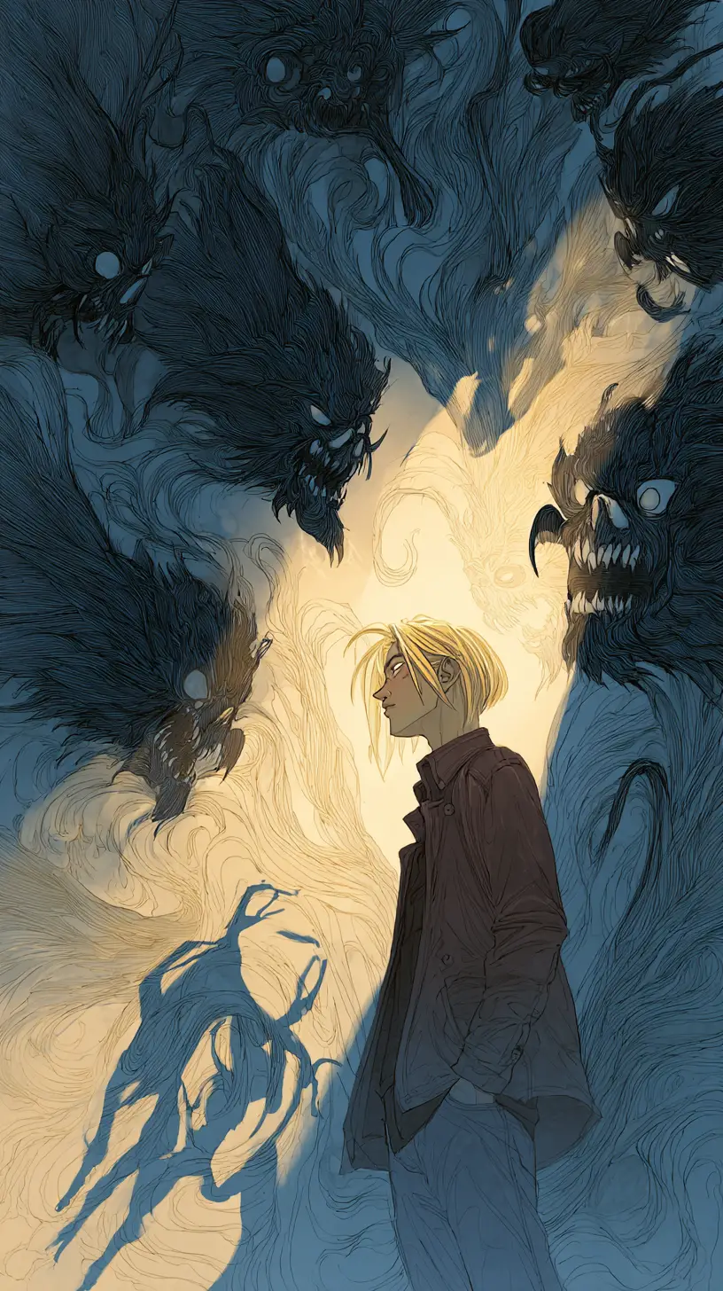 Man in contemplation among swirling shadows and light