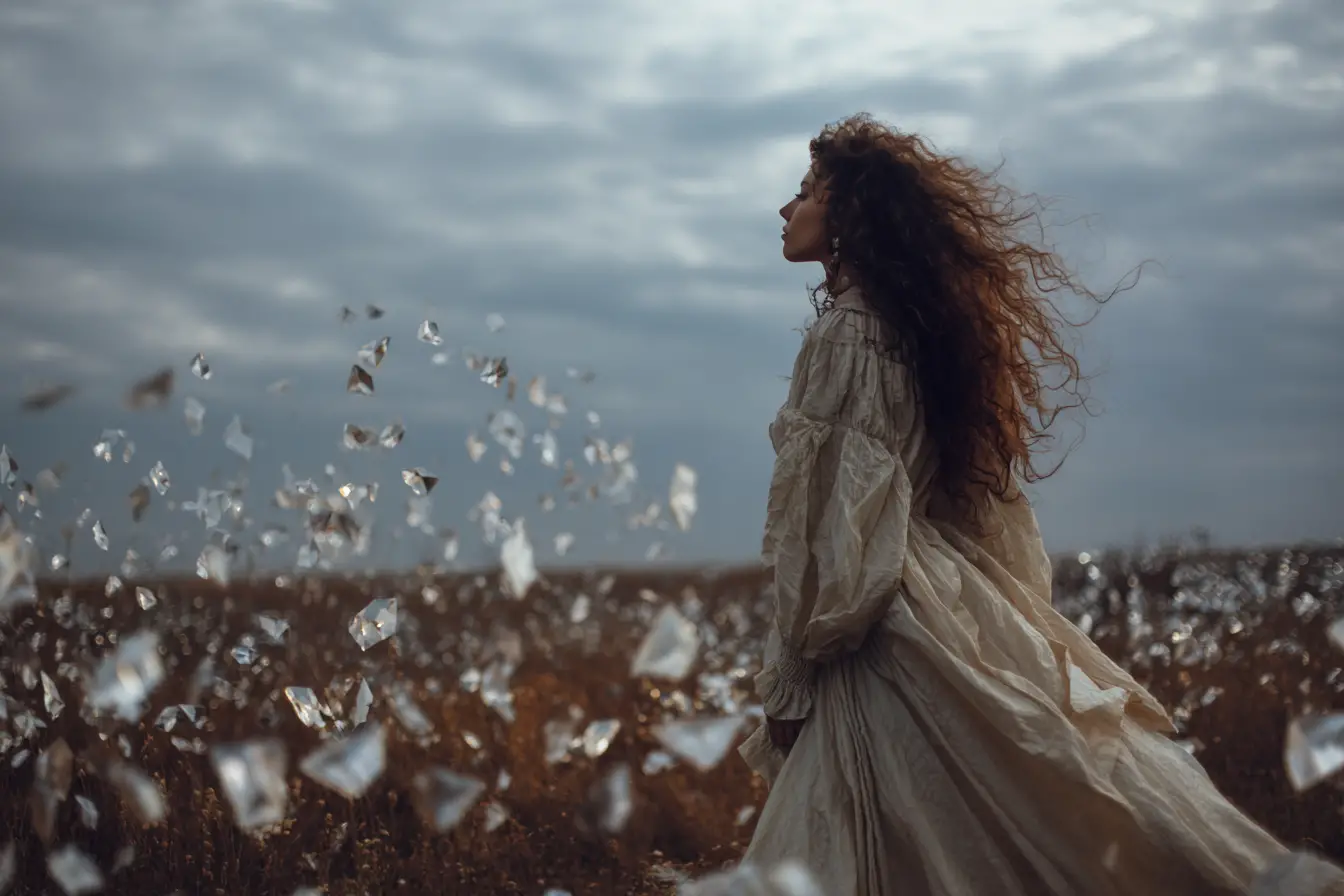 Woman in flowing gown facing a sky of floating diamonds