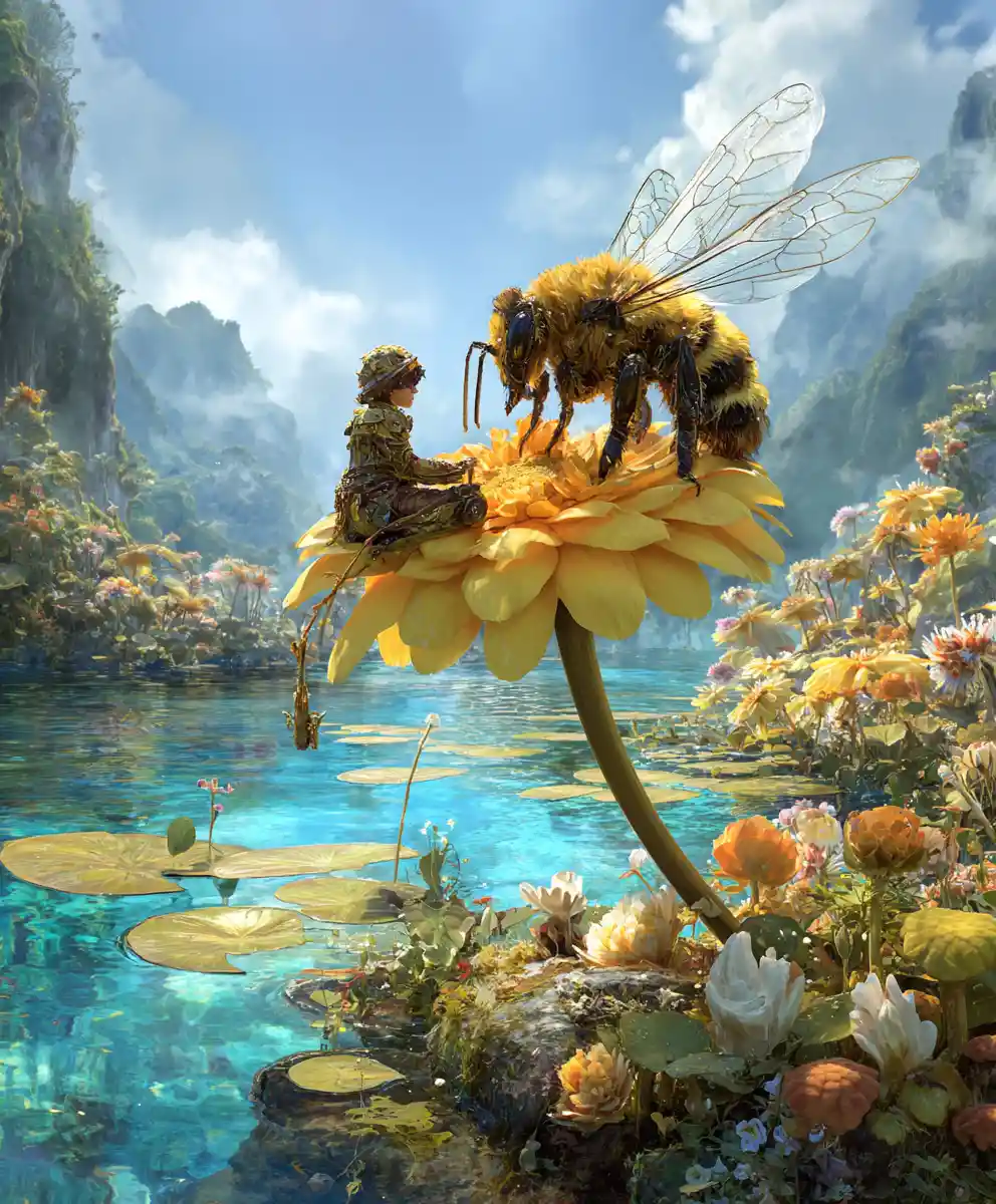 Human riding a giant bee on a flower by a pond