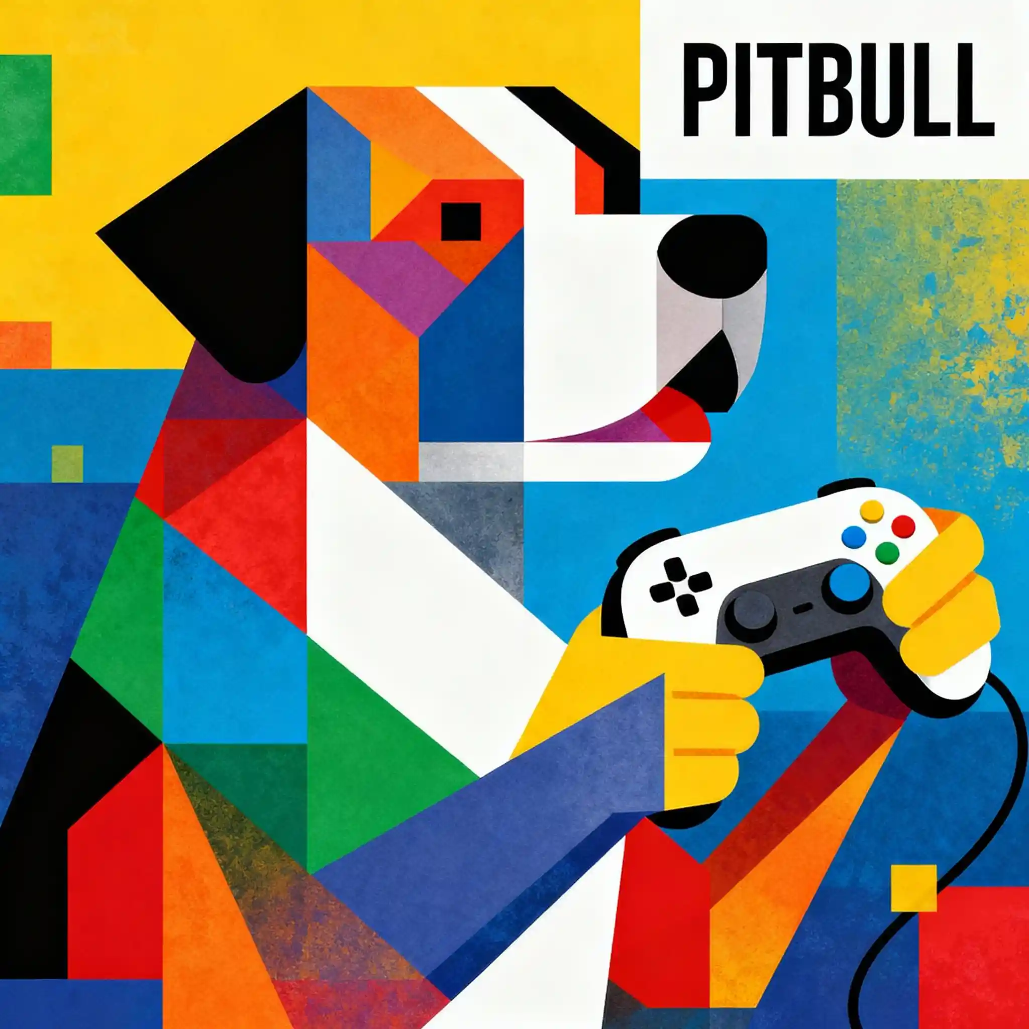 Abstract dog holding a controller with pitbull text