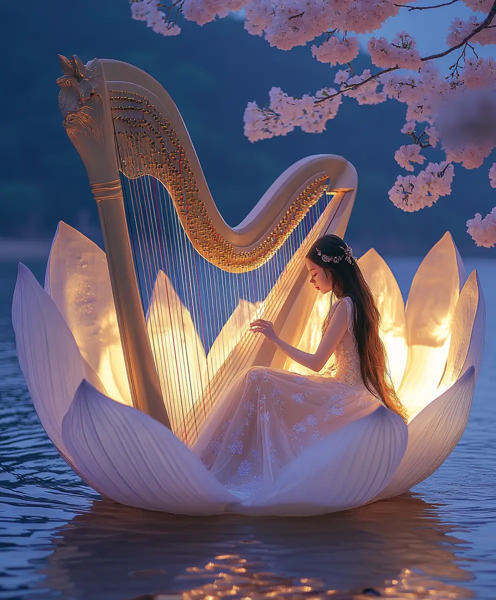 Woman Playing Harp On Lotus At Sunset By The Lake
