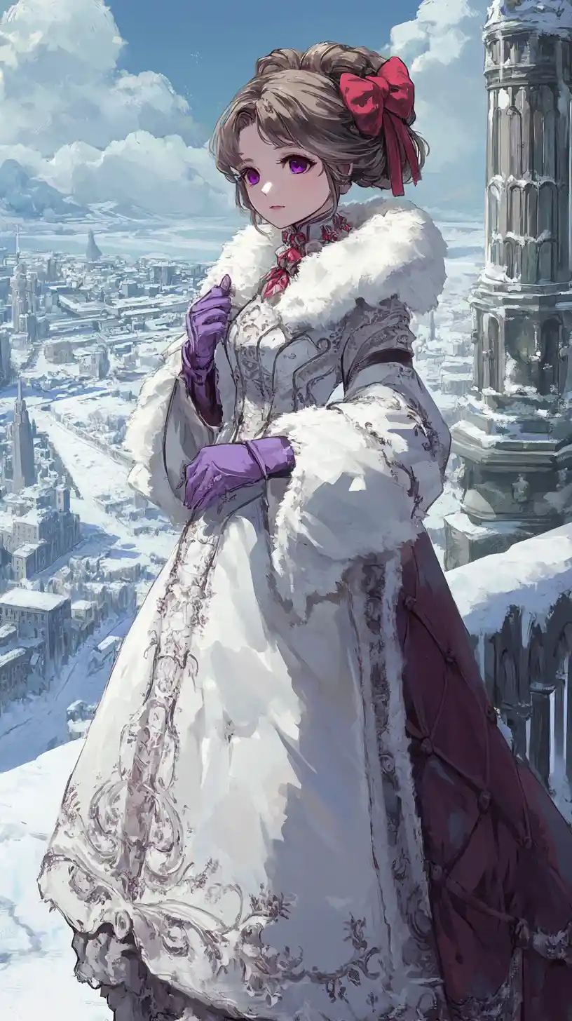 Anime girl in ornate winter dress with city panorama