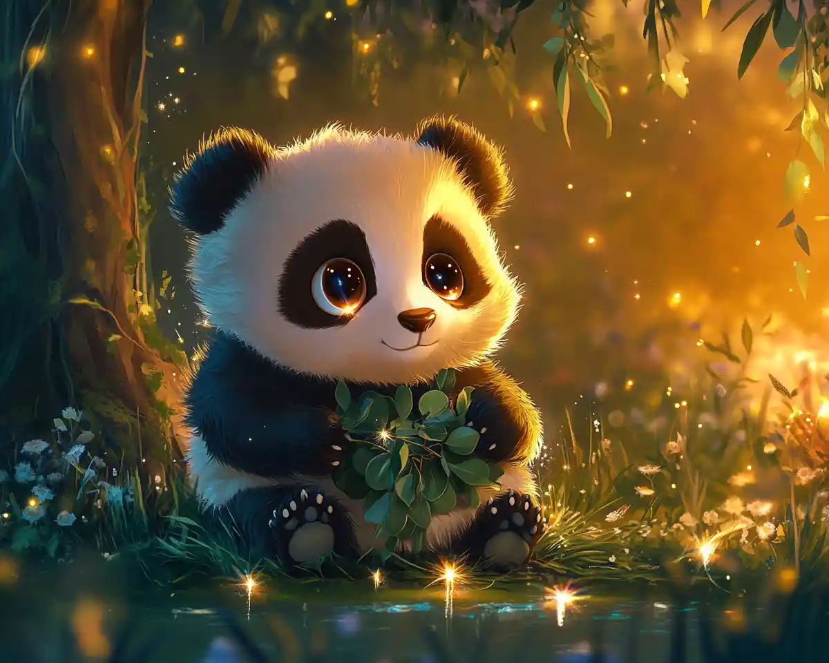 Süßes 3D-Babypanda frisst Blätter auf der Wiese