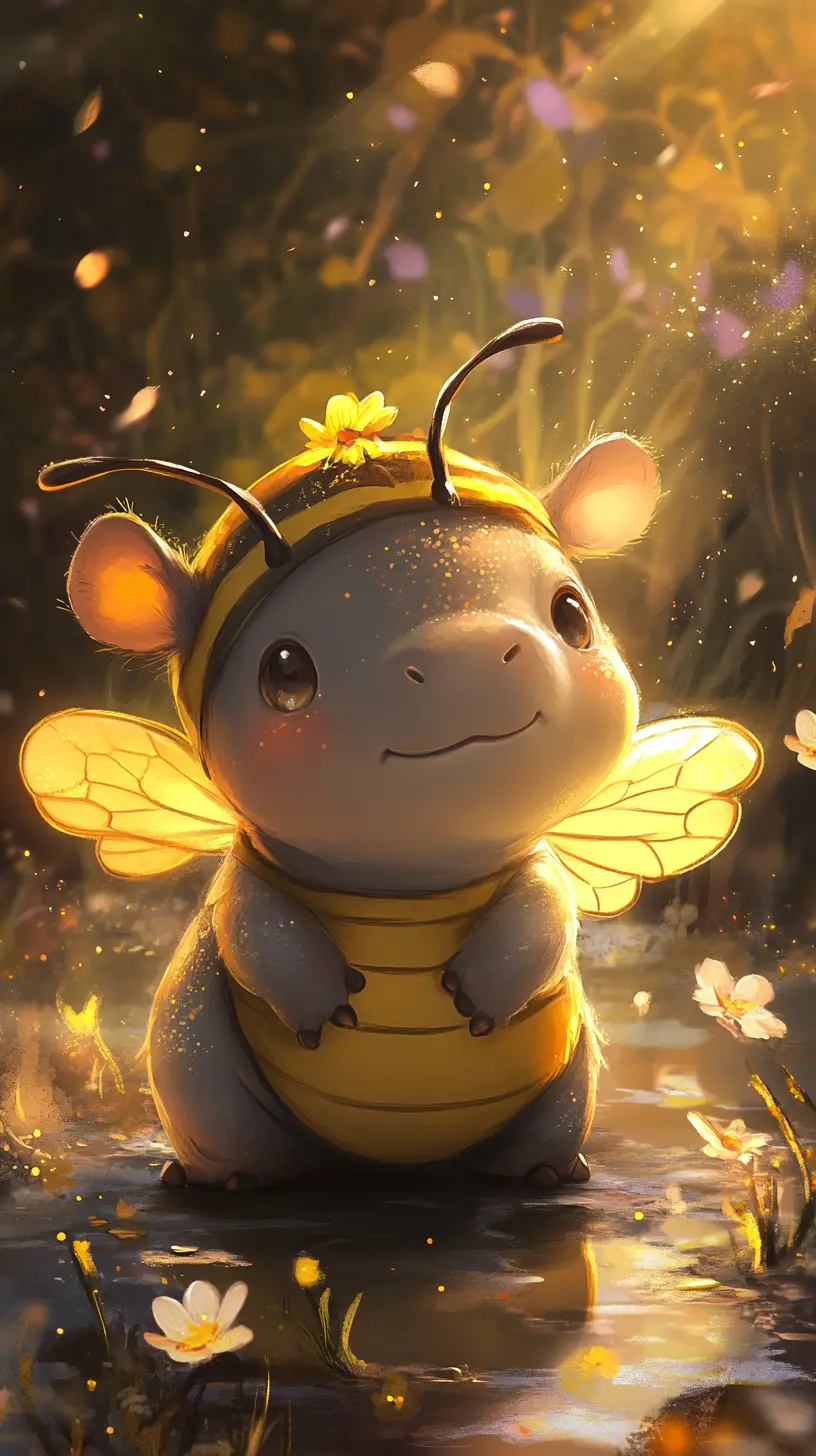 Cute baby hippo in bee costume in a fairy meadow