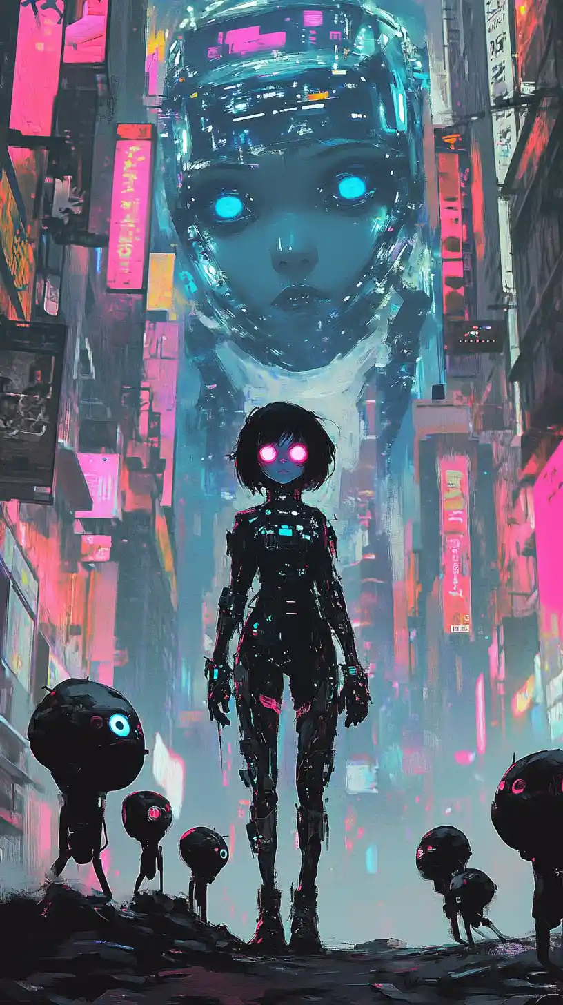 Cyborg woman standing in a ruined cybernetic forest