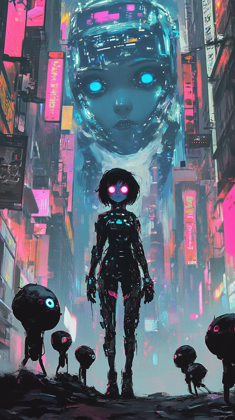 Cyborg woman standing in a ruined cybernetic forest