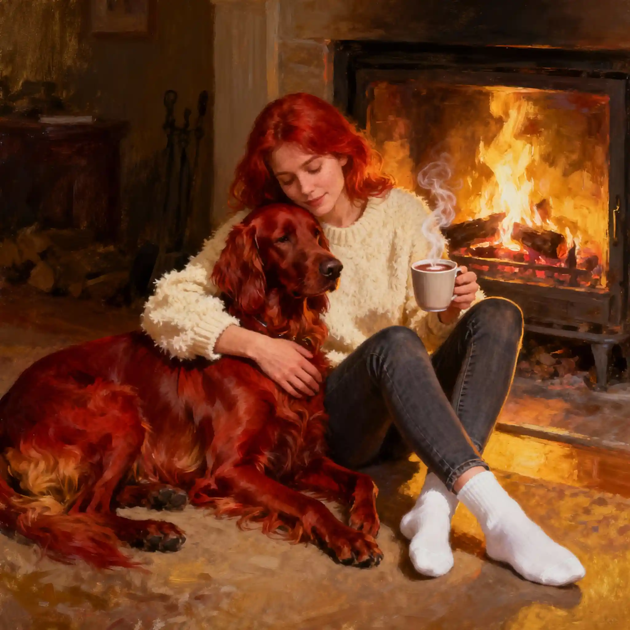 Red haired woman cuddling irish setter by fireplace