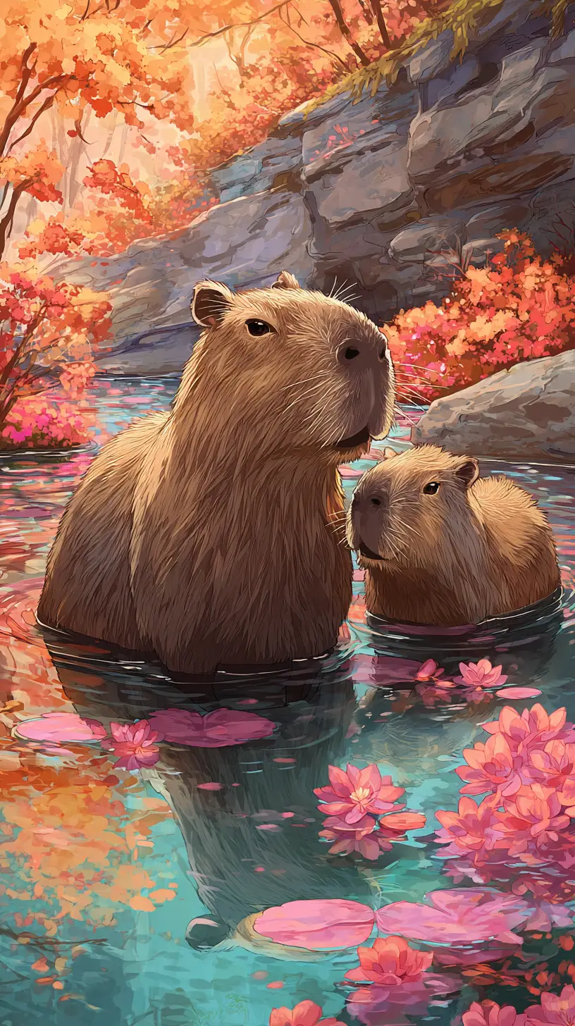 Two capybaras resting in a flower filled lakeside scene