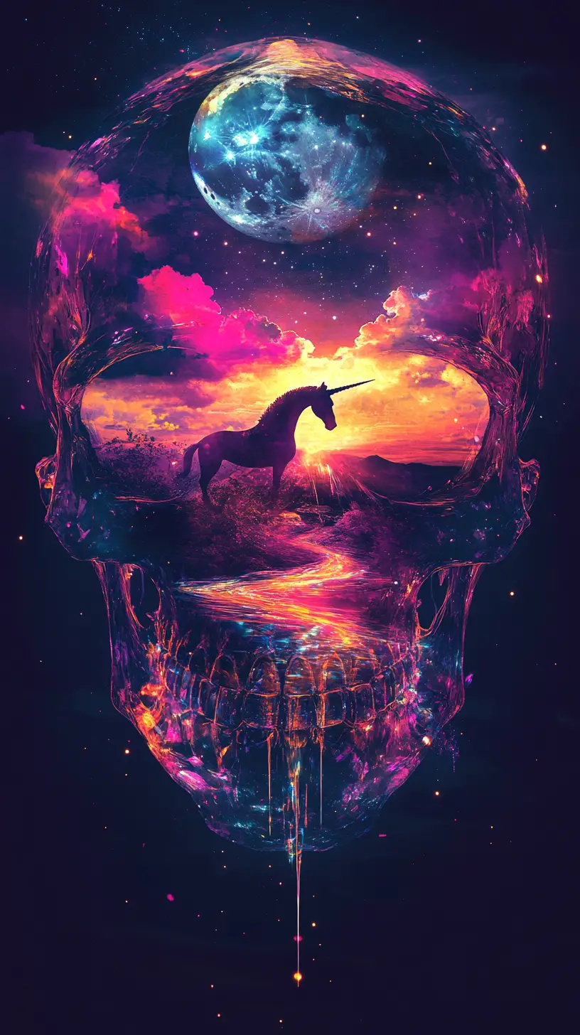 Crystal skull with sunset unicorn and flowing dream river