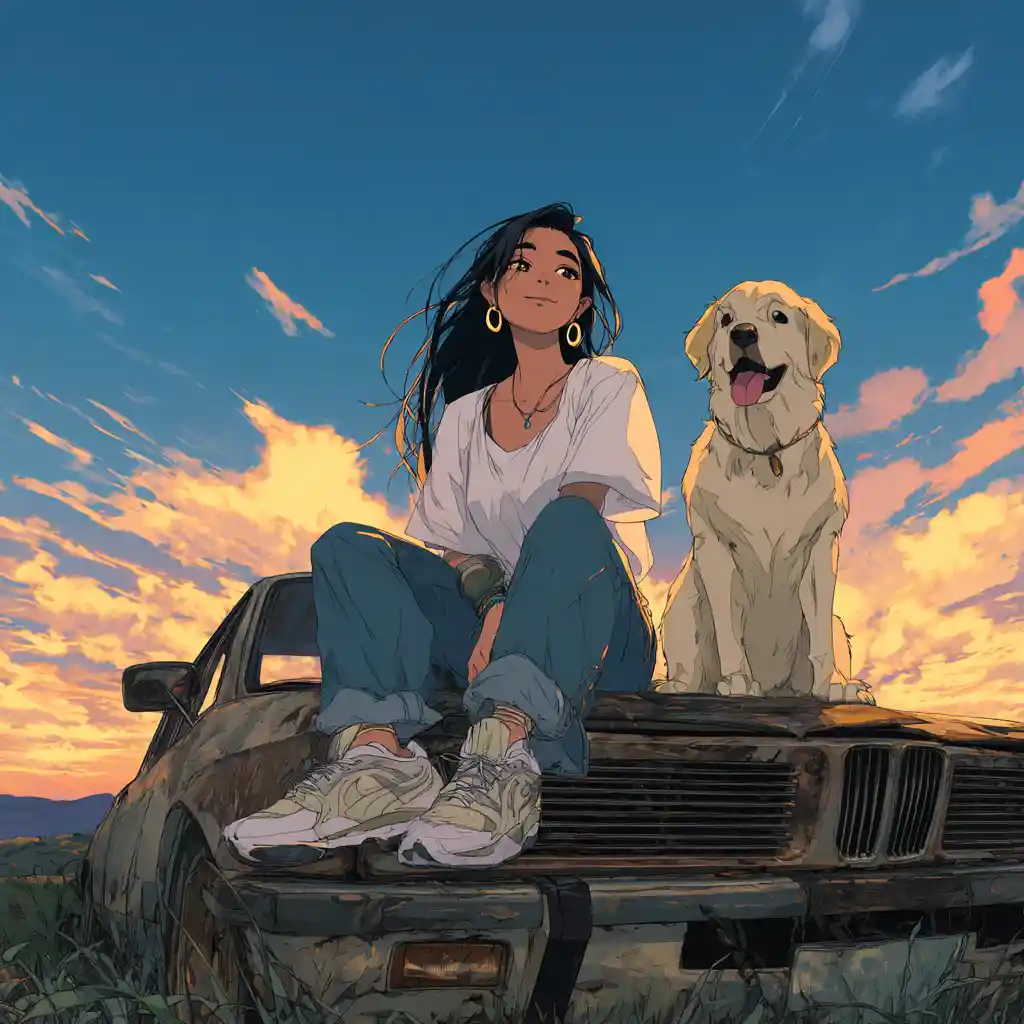 Anime girl sitting on an old car with golden retriever