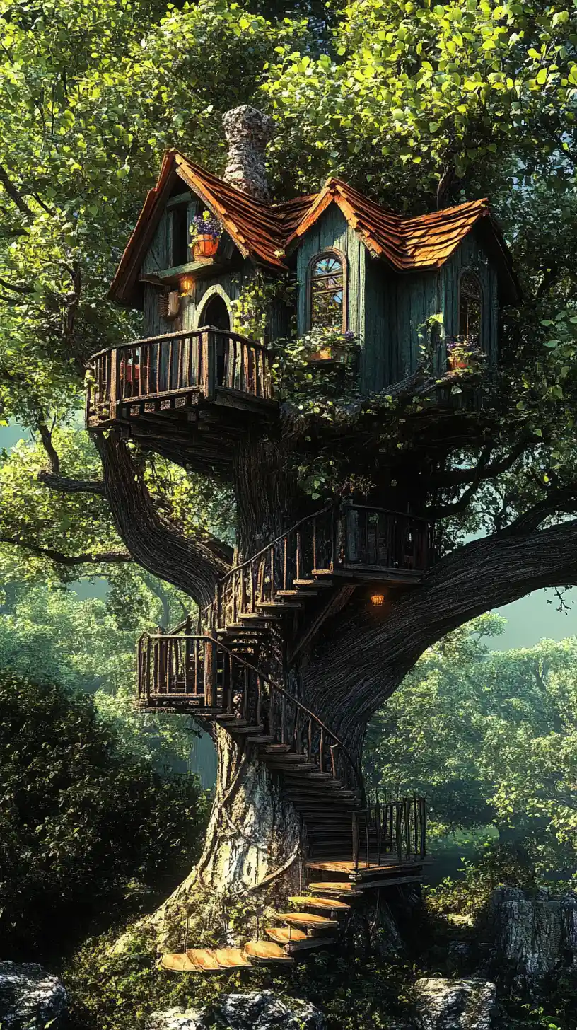 Whimsical treehouse hidden high in leafy branches