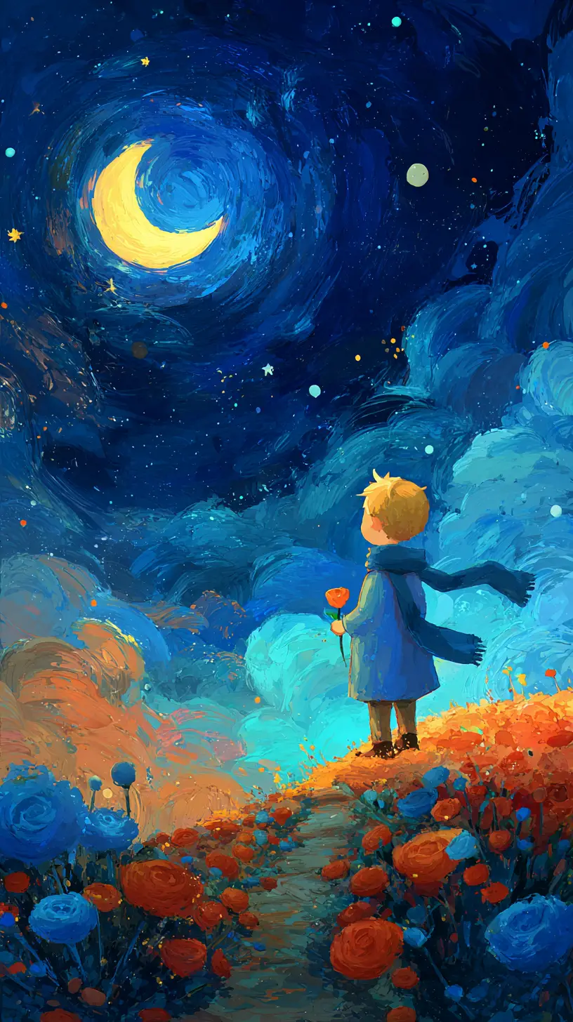 Young boy on a hill under a magical night sky