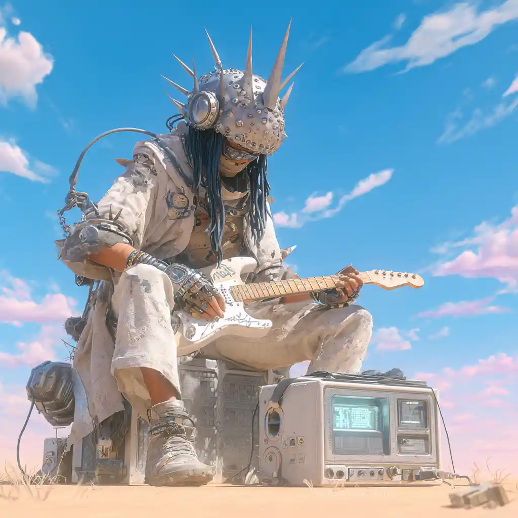Alien Musician Playing Guitar On Futuristic Radio In Desert