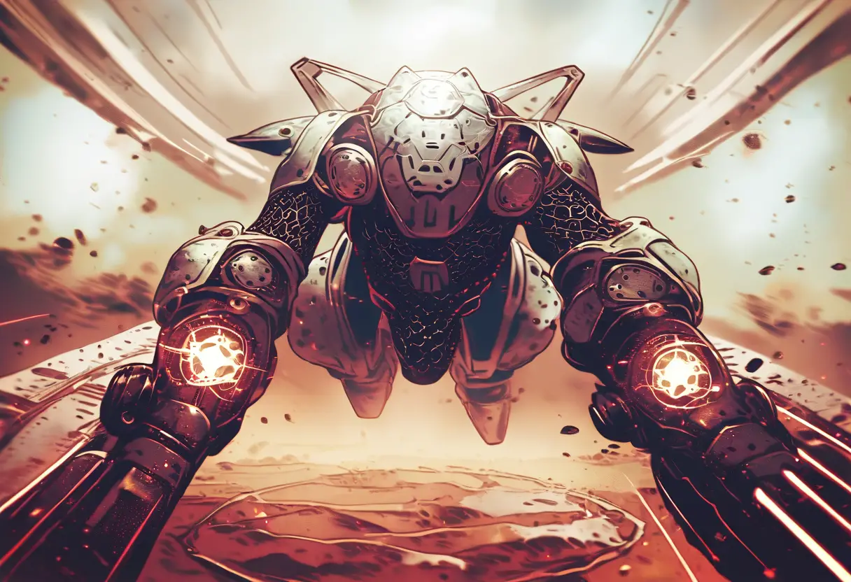 Anime cat mecha suit in outer space battle scene