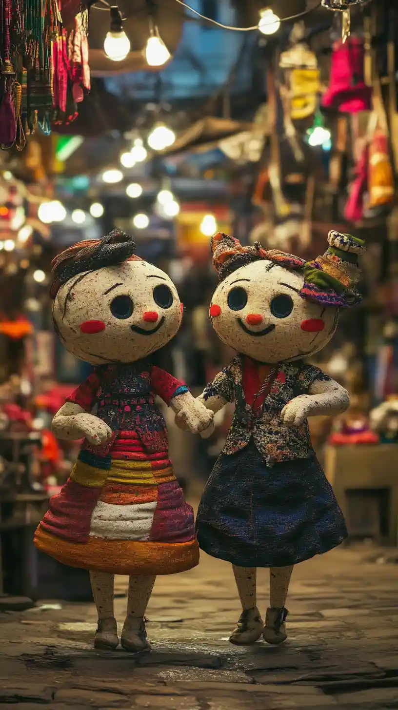 Dancing human like cushions in a lively Delhi market
