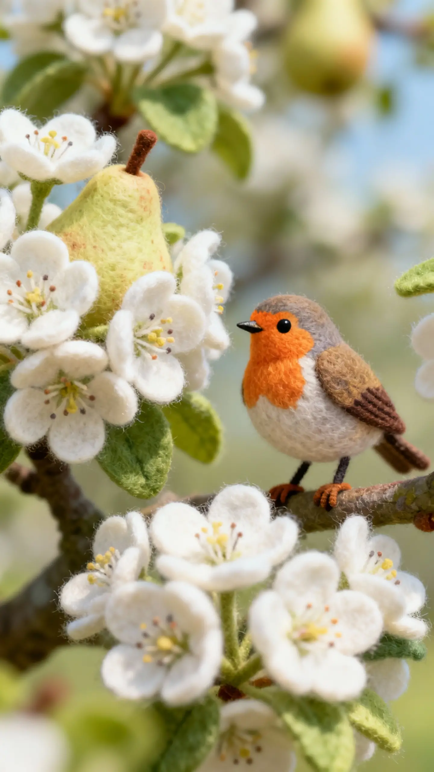 Romantic felt robin with white pear blossoms close up