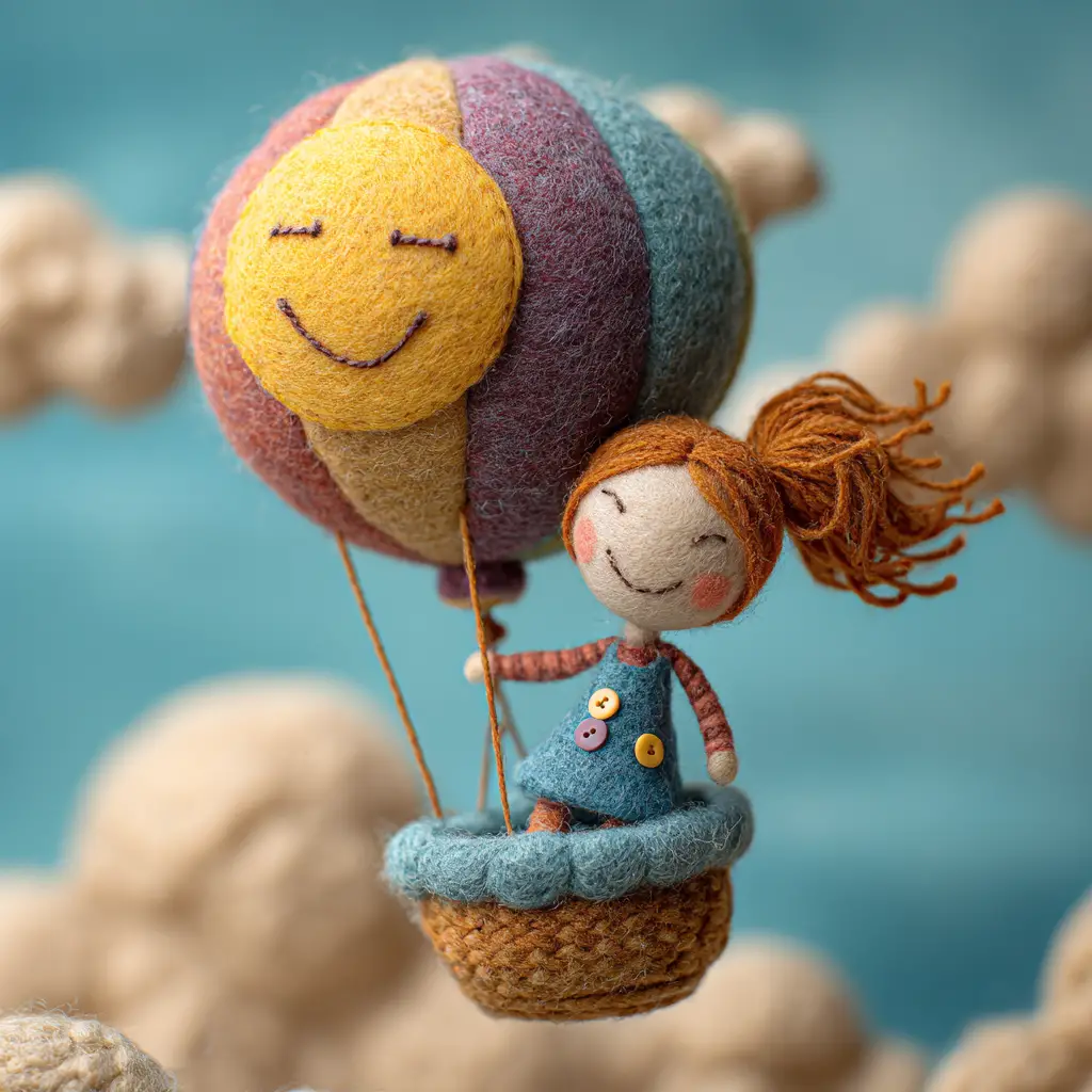 Handmade scene of a girl flying in a hot air balloon