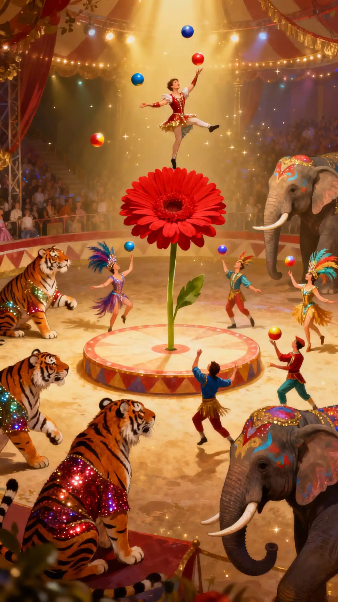 Fantasy circus with animals inside a red flower