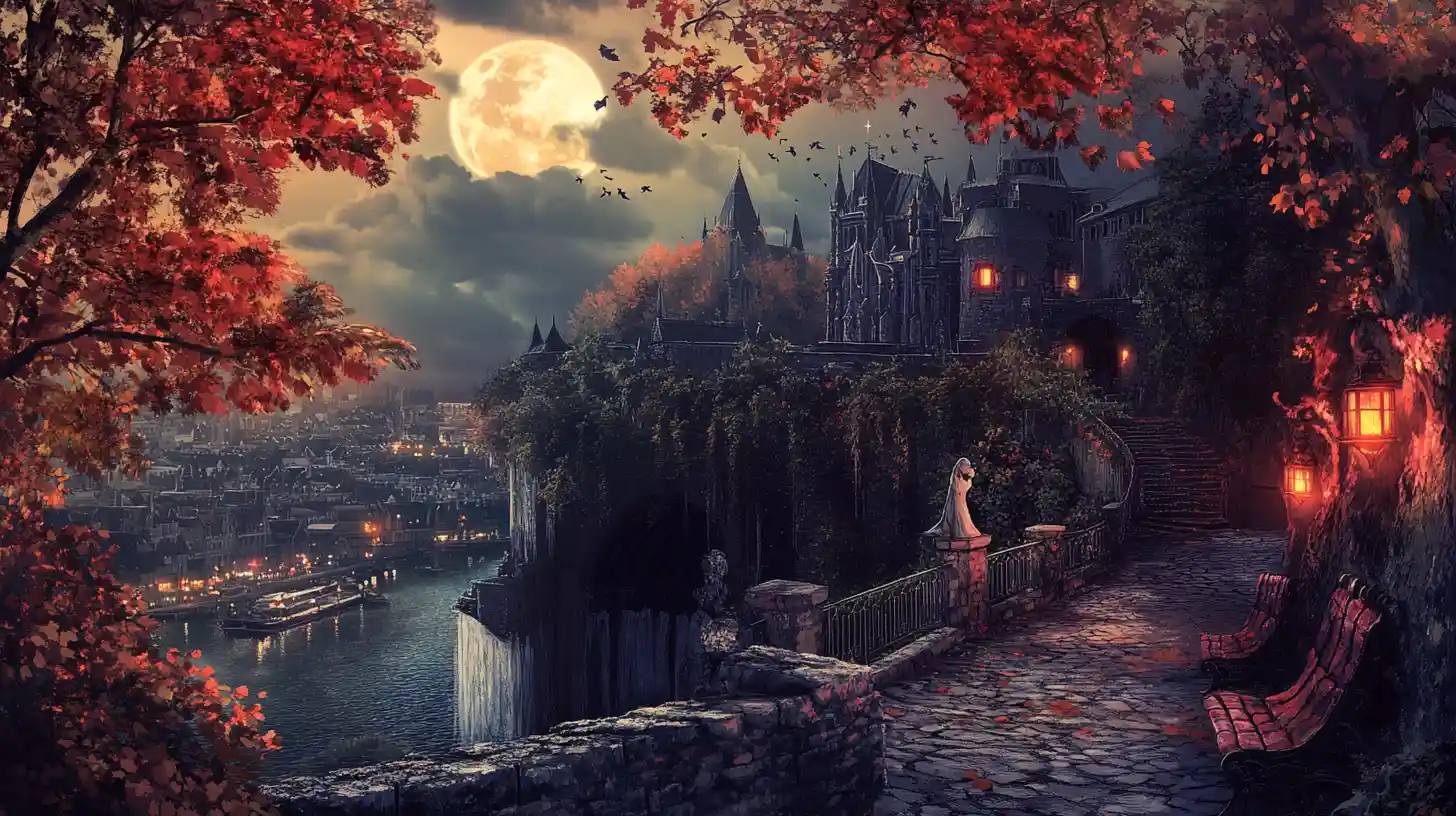 Stone cliff bridge overlooking an ancient fantasy city