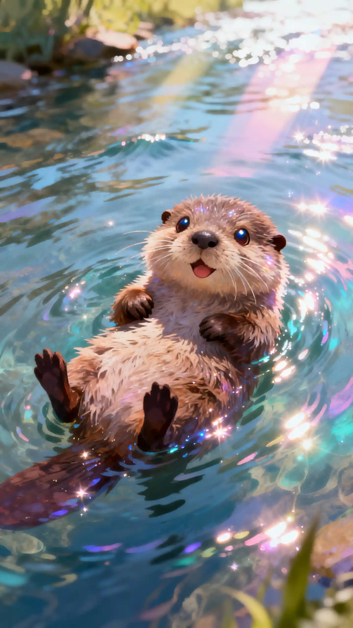 Dolce cucciolo di castoro che galleggia su un fiume luminoso