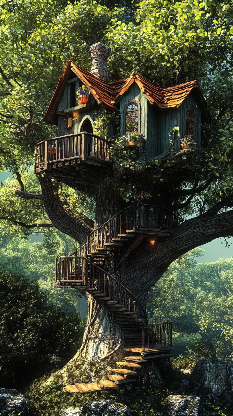 Whimsical treehouse hidden high in leafy branches