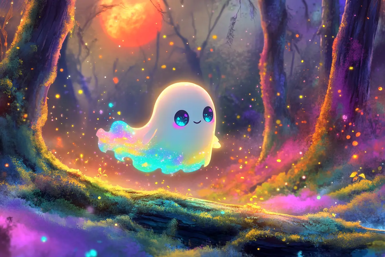 Cute rainbow ghost flying over mossy forest log at night