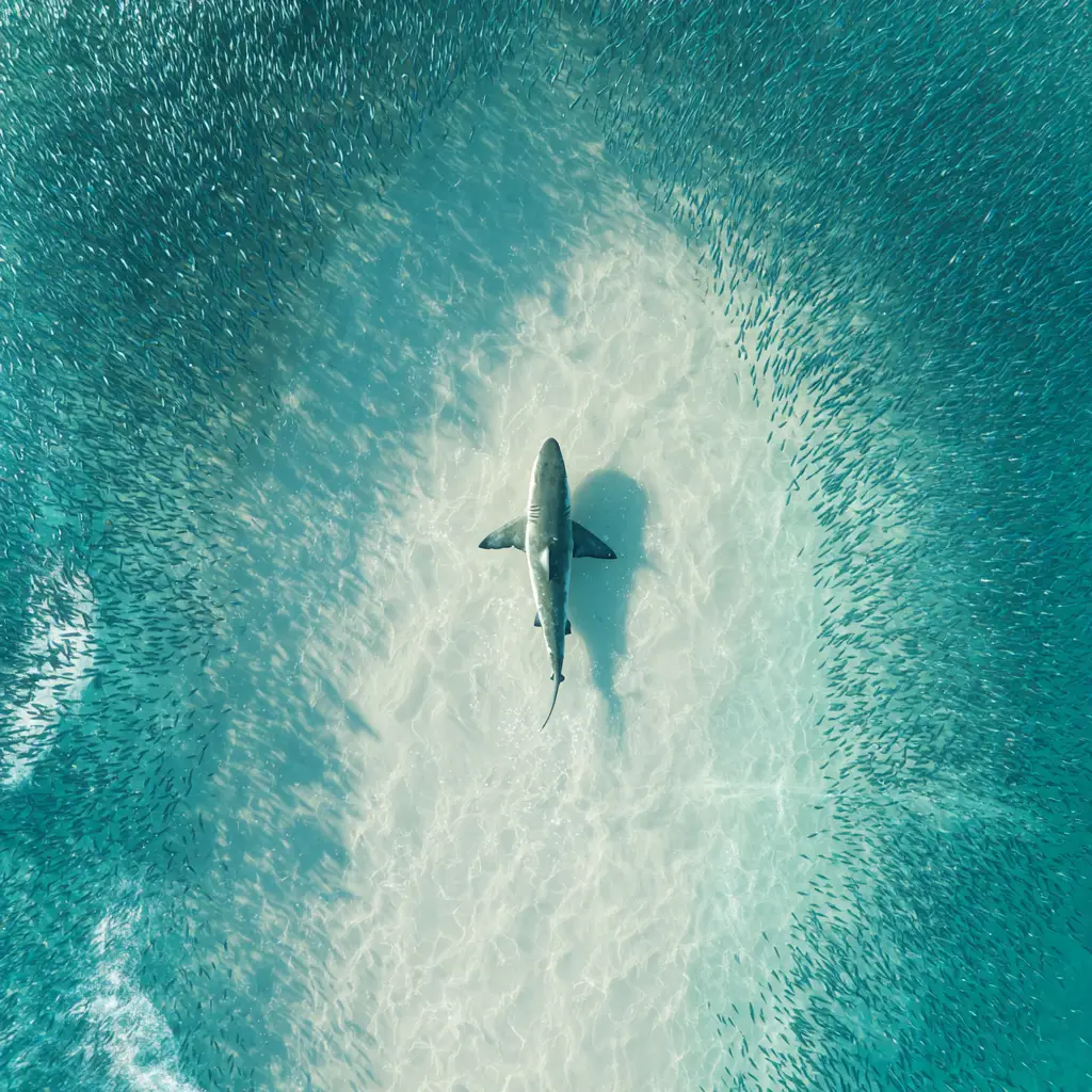 Great white shark cutting through a school of fish