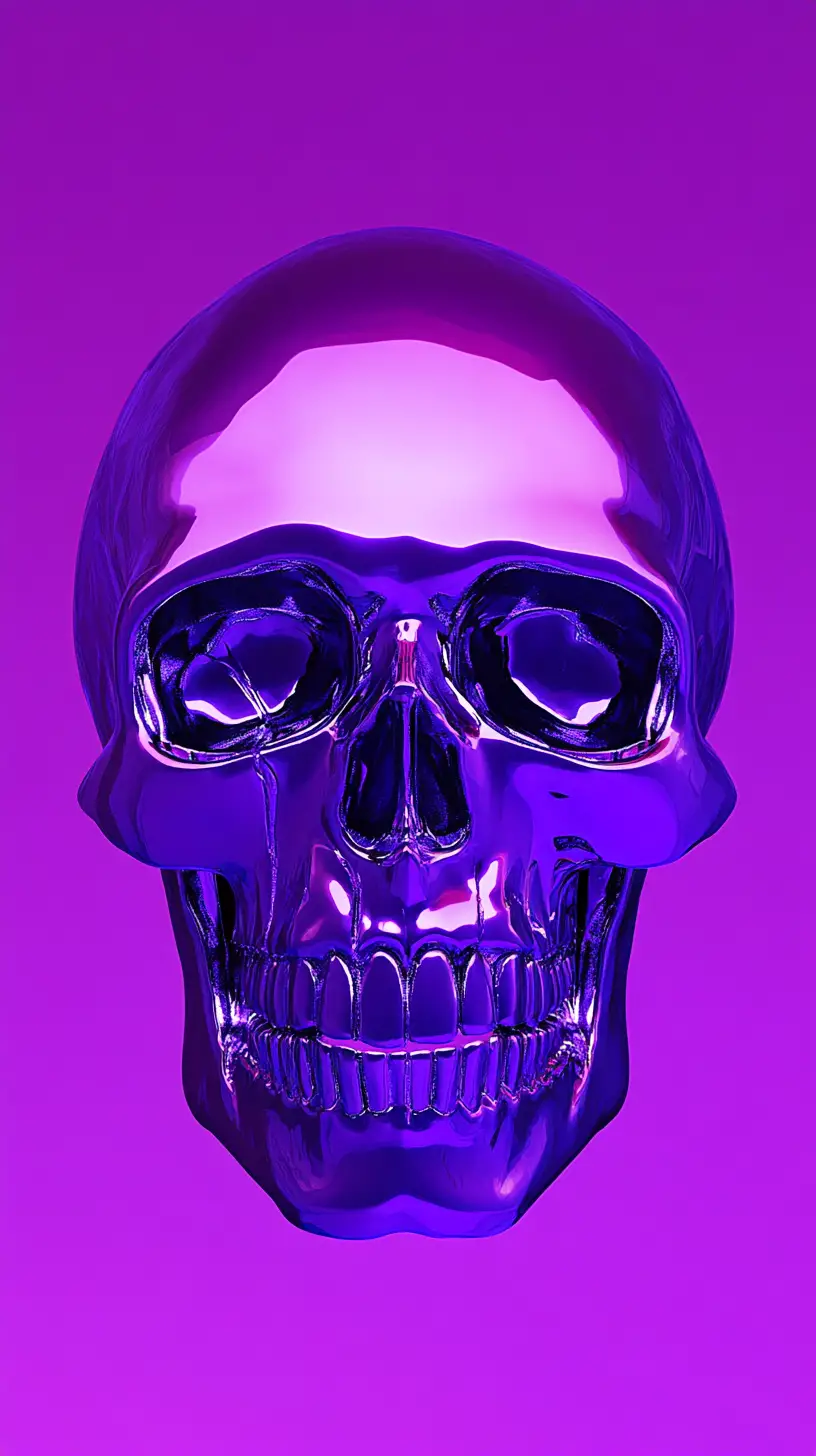 Neon purple skull face on glossy abstract background