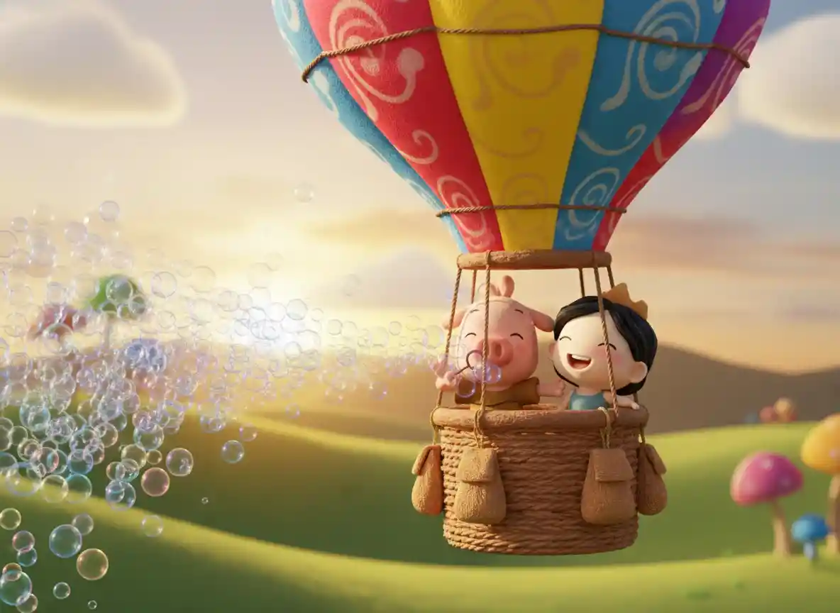 Fröhliches Schwein und Mädchen in einem verspielten Heißluftballon