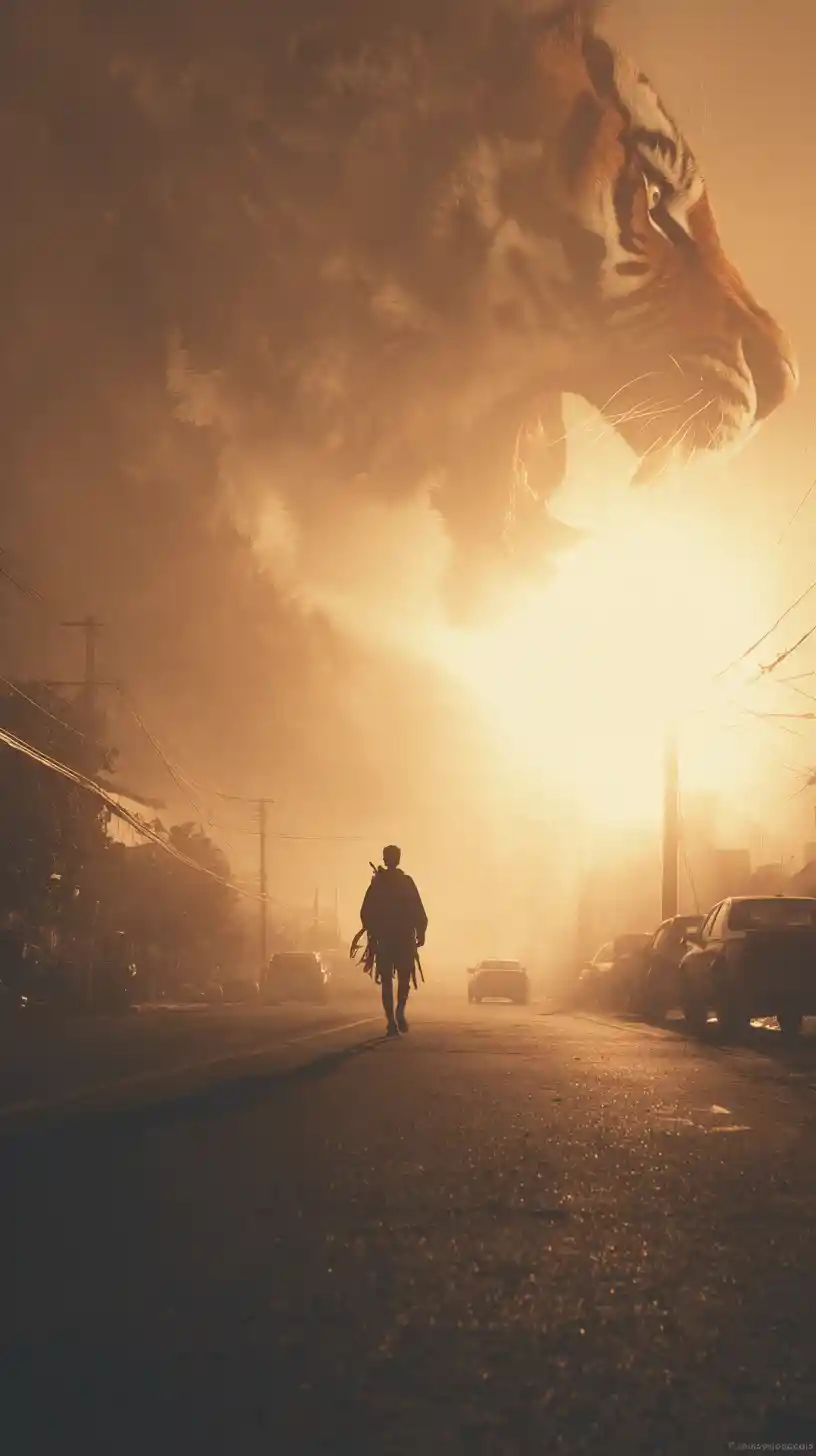 Person standing in a city street at sunrise
