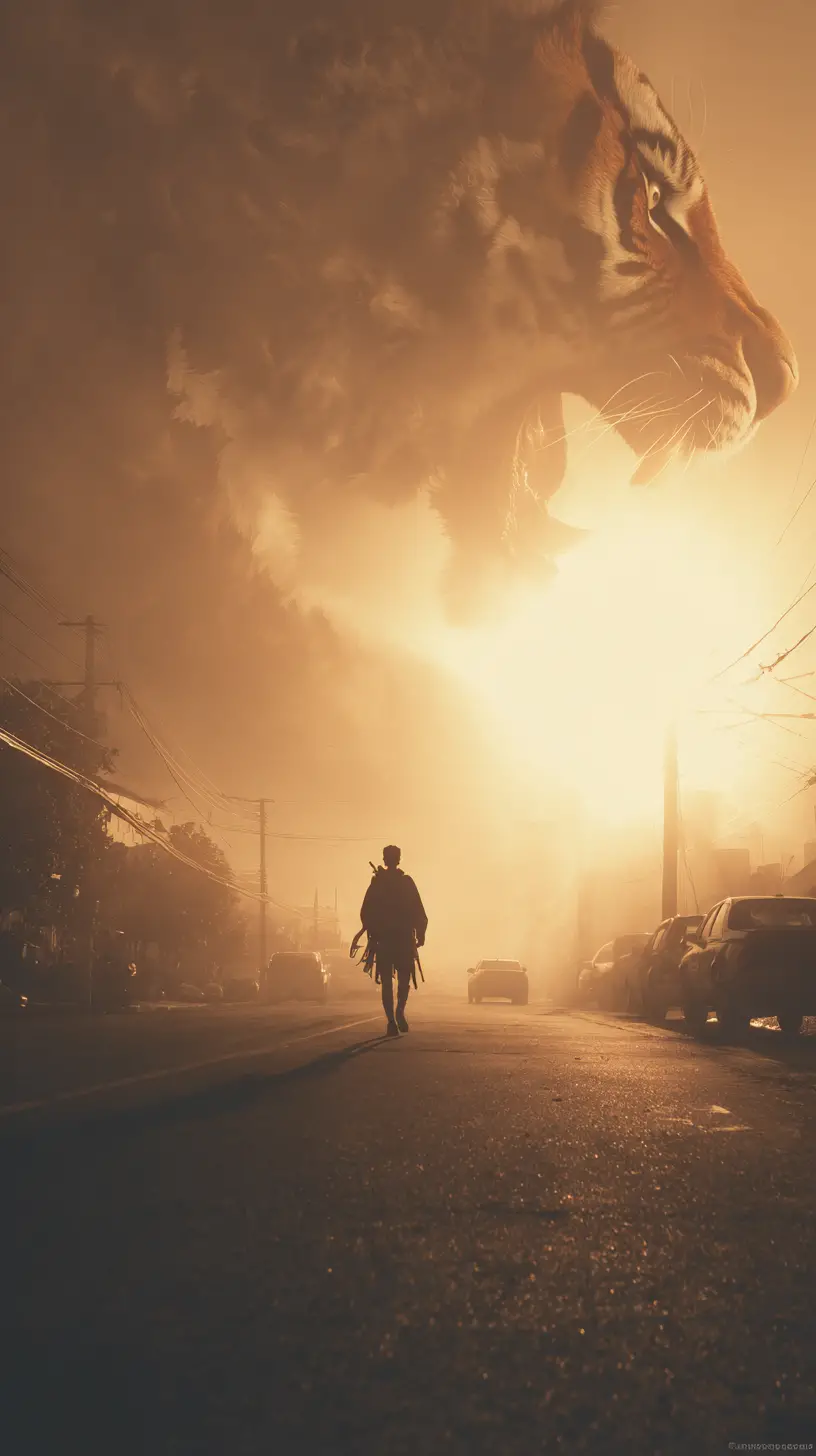 Person standing in a city street at sunrise