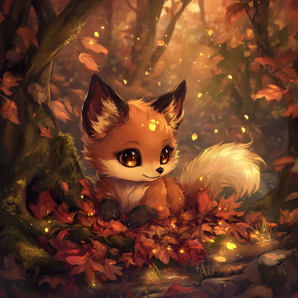 Chibi baby fox nestled in bright autumn leaves