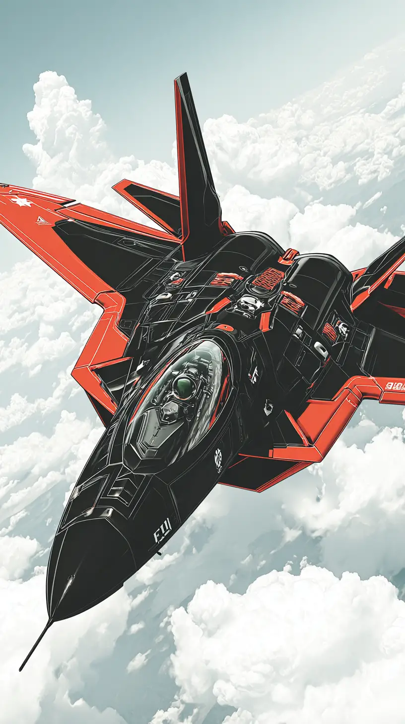 F 22 fighter jet in black and red against blue sky