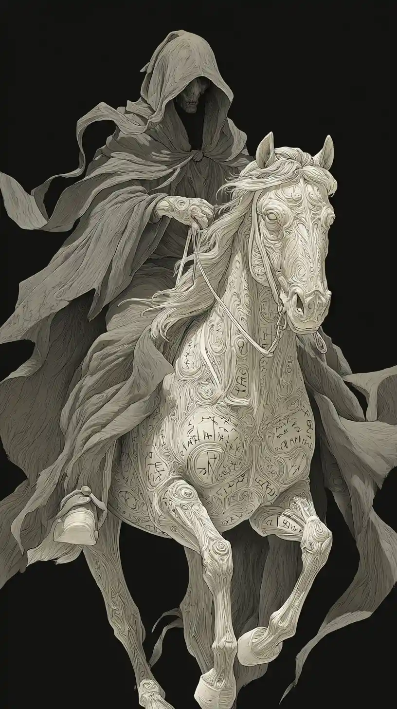 Cloaked wizard riding a ghostly rune marked horse