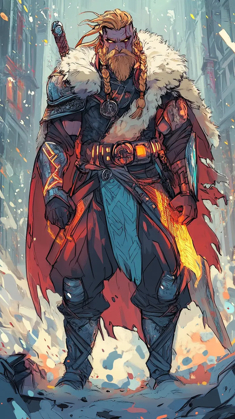 Viking warrior with electric guitar in ruined city