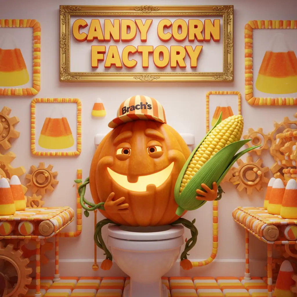 Smiling Halloween Pumpkin In A Whimsical Candy Corn Factory