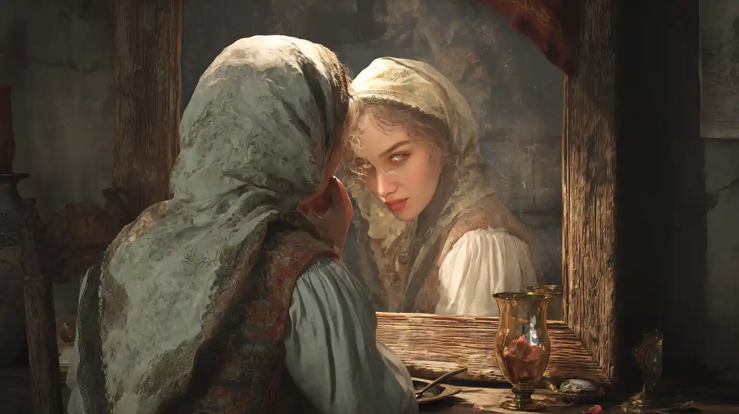 Peasant Woman Facing A Vampire Reflection In Old Mirror