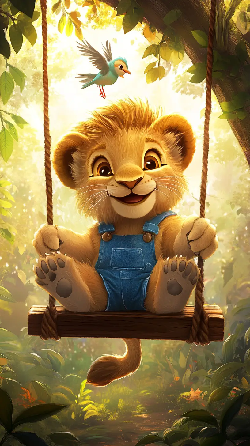 Cute Lion Cub On A Wooden Swing In Forest