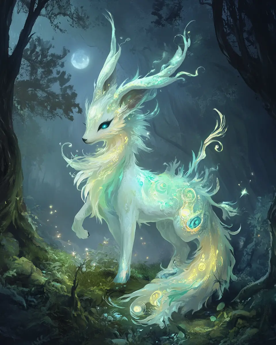 Enchanted rainbow creature glowing in a moonlit forest