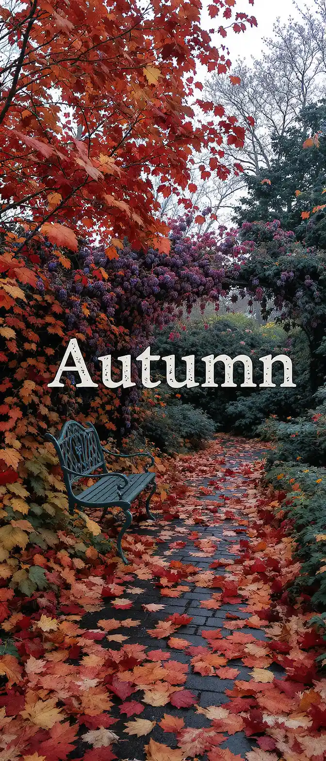 Autumn garden path with bench and fallen leaves