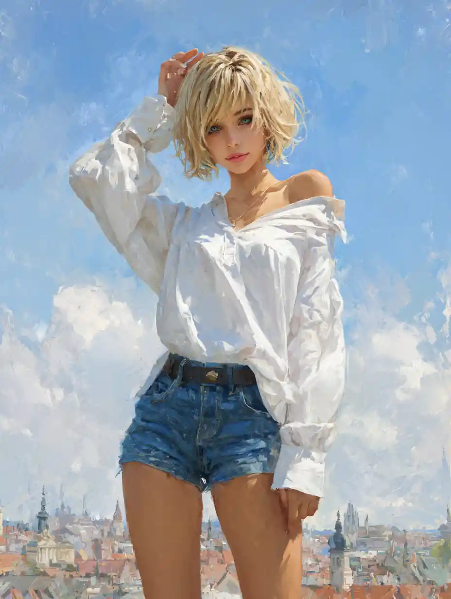 Smiling German girl waving in a city street scene