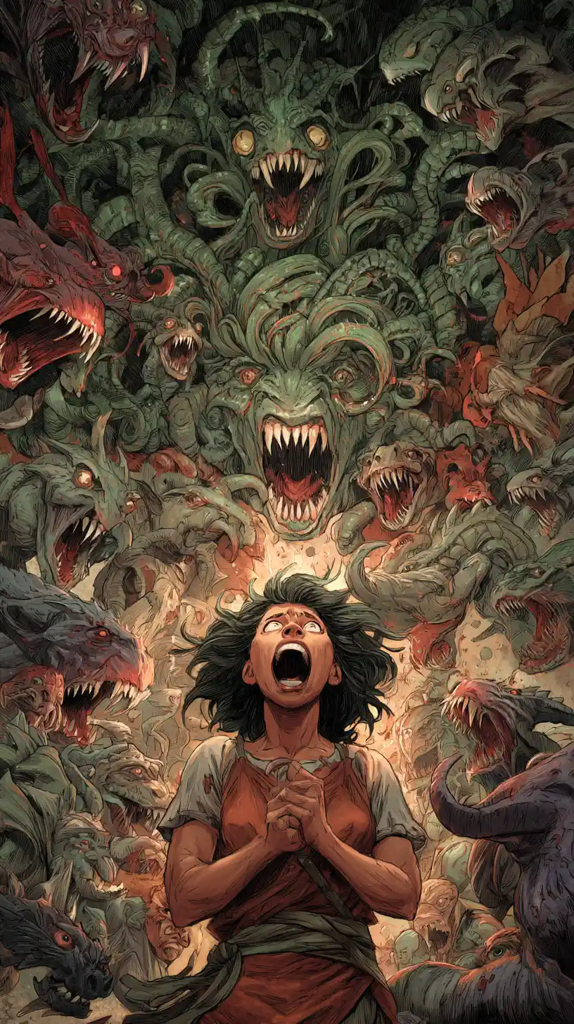 Woman screaming before terrifying monsters in a mythical world