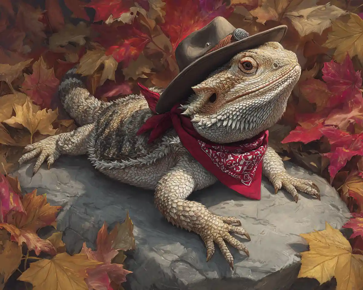 Bearded dragon in cowboy costume on autumn rock
