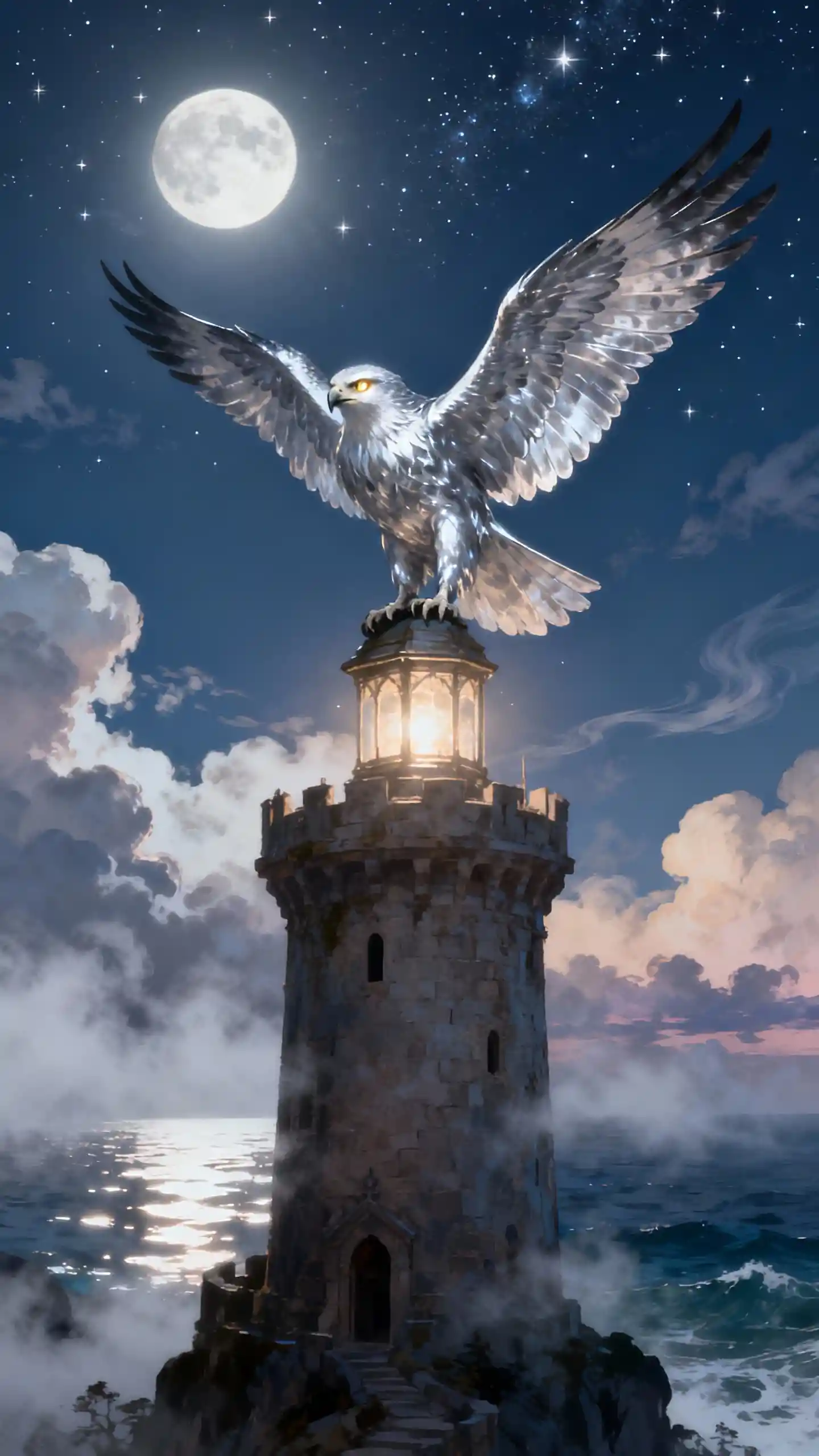 Silver falcon poised to fly above an ancient tower