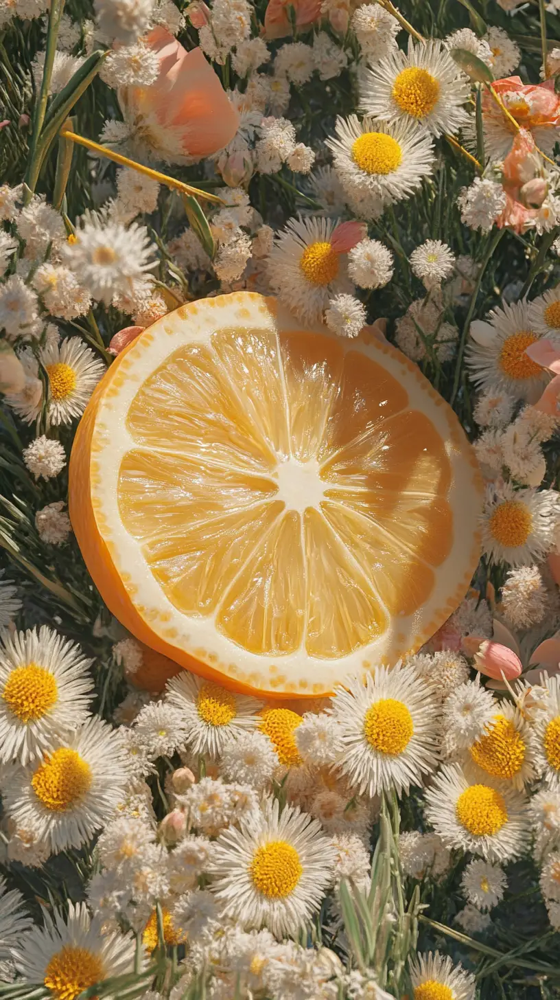 Citrus slice and berries among blooming spring flowers