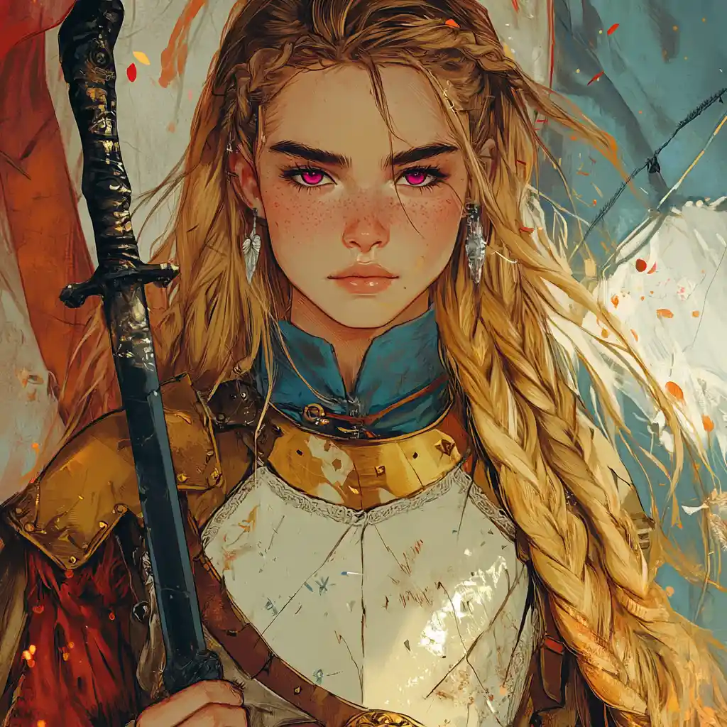 Golden haired anime warrior woman in camp scene