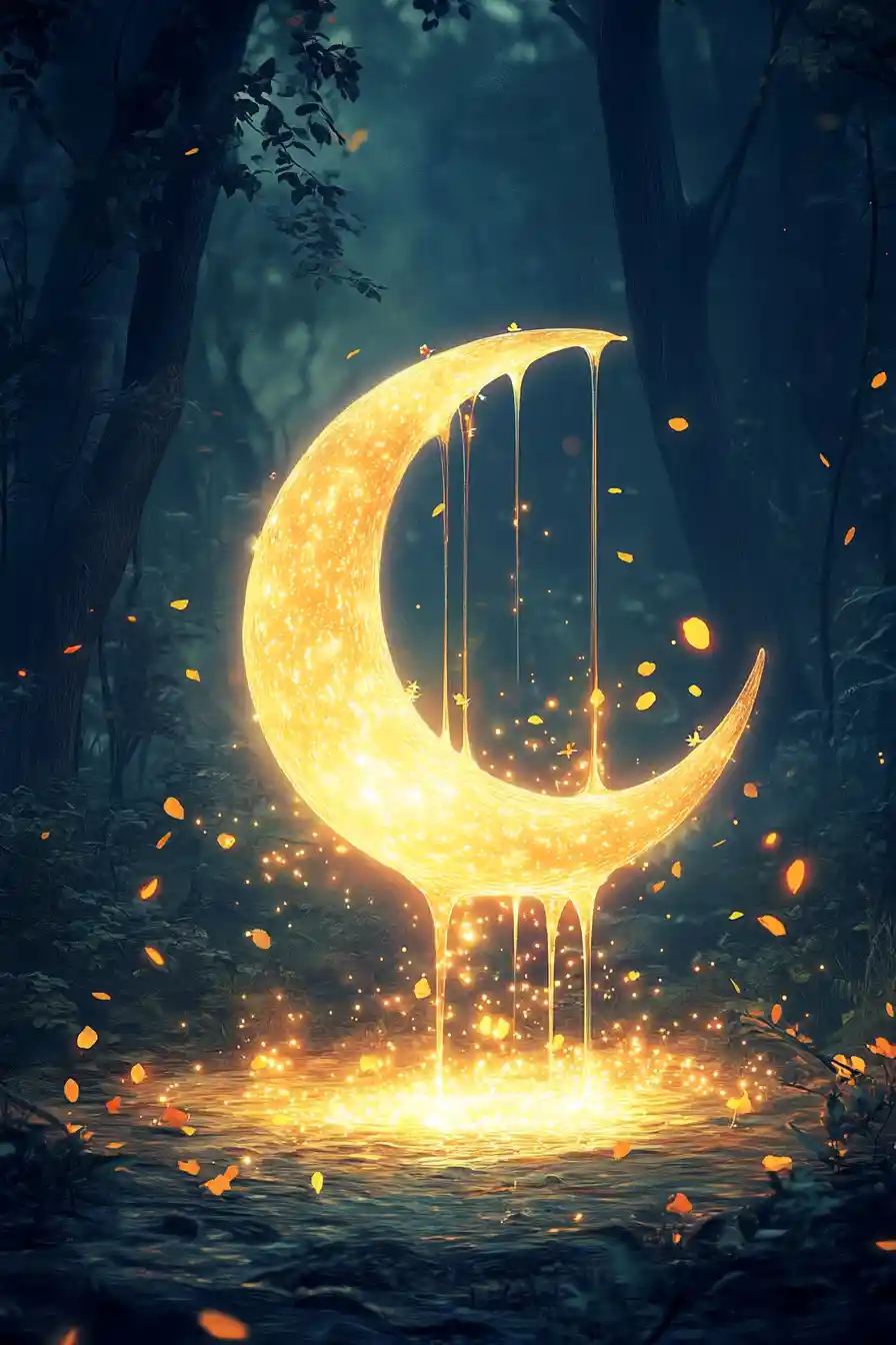 Glowing crescent moon over an enchanted forest